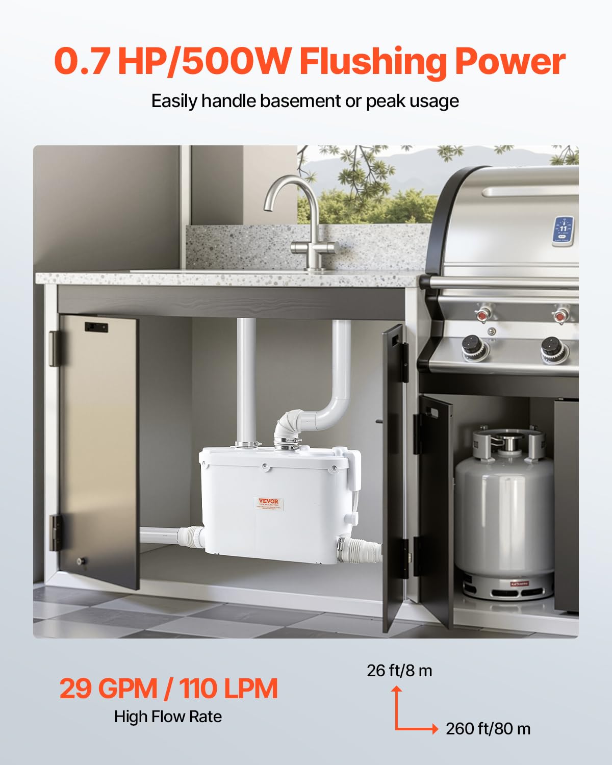 VEVOR Hebeanlage, 500 W, 110 L/min Durchfluss, 8 m Förderhöhe, Schmutzwasserpumpe mit 4 Wassereinlässen, Abwasserhebeanlage für Küche, Keller, Dusche, Waschbecken, Waschküche, Badewanne