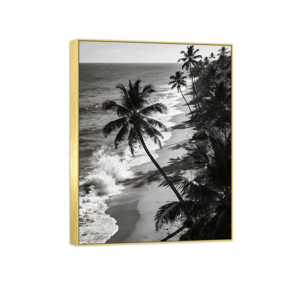 Sea Palm Tree 2 Black White Landscape Canvas Picture 90x117cm Gold Frame