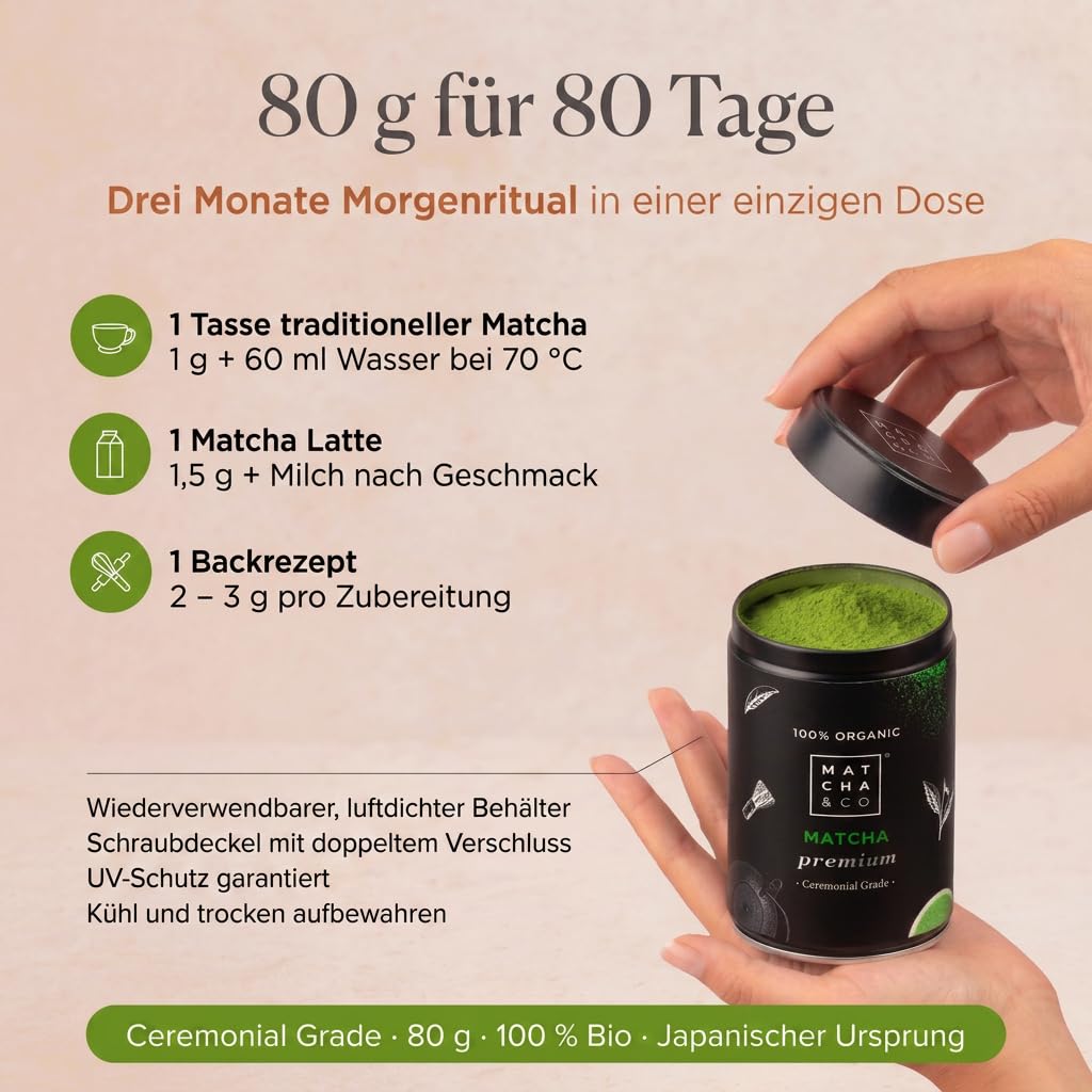 Matcha & CO 100% biologischer Premium-Matcha-Tee 80 g Zeremonielle Premiumqualität Bio-Grünteepulver aus Japan