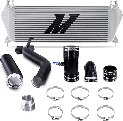 Mishimoto MMINT-RGR-19KSLBK - Kit de interenfriador de rendimiento compatible con Ford Ranger 2.3L EcoBoost 2019+, intercooler plateado, tubos negros