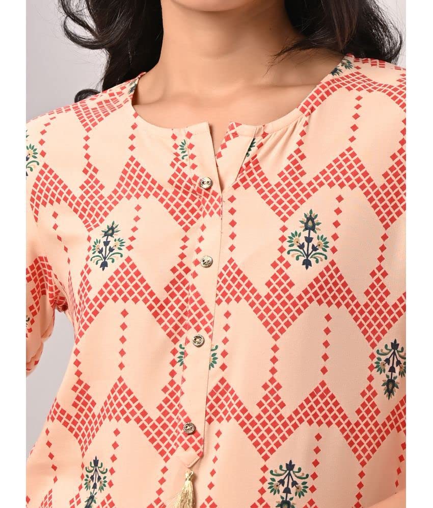 Image of rangita Peach Rayon Calf Length Printed Straight Kurti for Women | Kurta for Women
