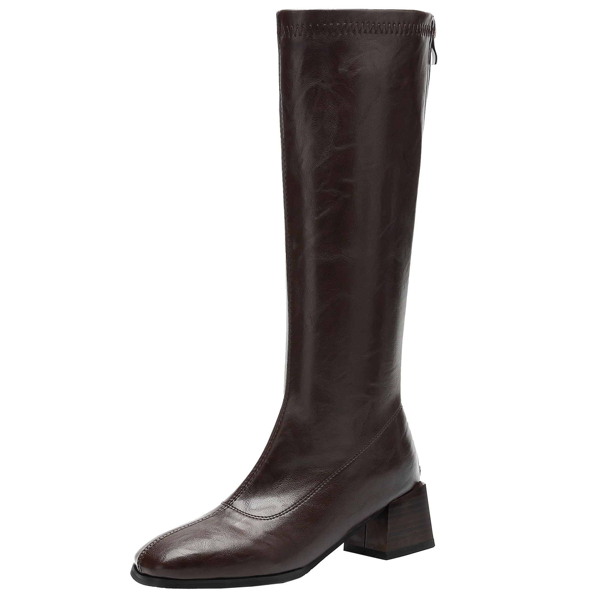 Womens Zip Back Knee Length Block Heel Square Toe Long Boots Timeless Classic Style