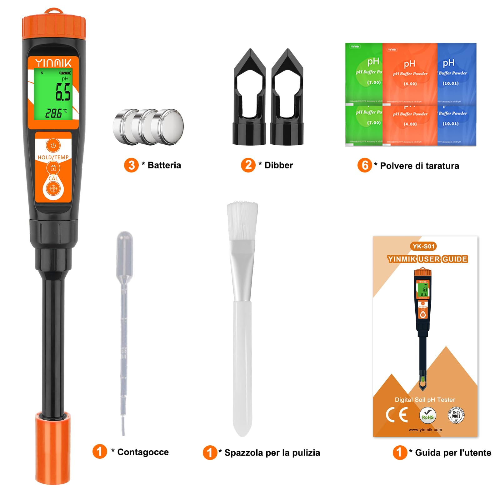YINMIK Misuratore pH Terreno Professionale con Sonda Avanzata pHmetro di Precisione per Suolo, Acqua Alimenti | Kit Test pH Terreni con Strumento di Misurazione per Orto e Giardinaggio