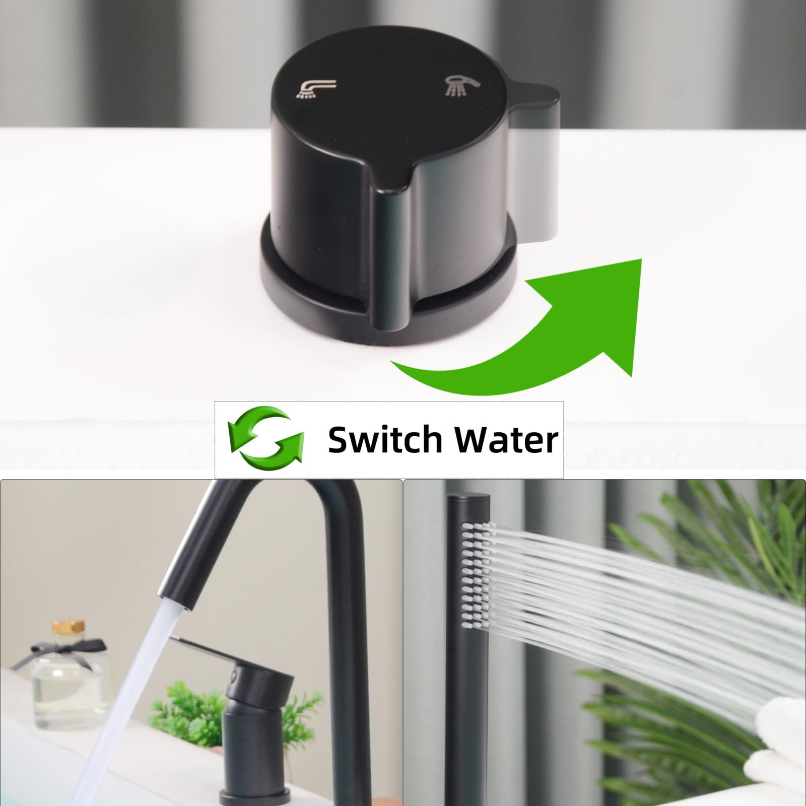 Grifo Bañera 4 Agujeros, Baño Ducha Mezclador con Ducha de Mano, 4 Orificios Grifo de Bañera con Giratorio de 360°, Para Borde de Bañera, Negro, 20Y3OK