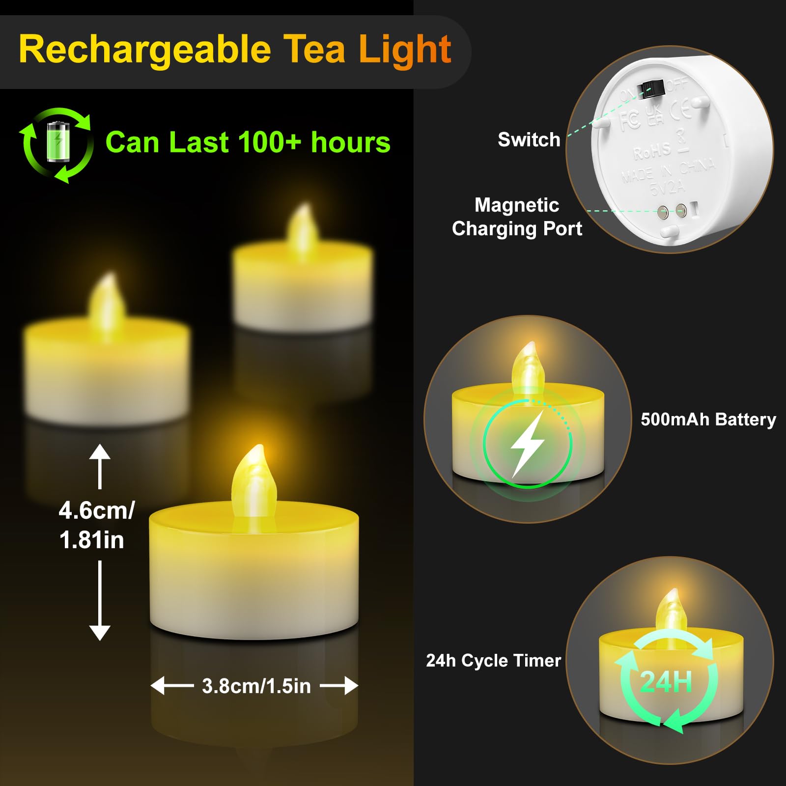 daphomeu 12 Stück Magnetische Wiederaufladbar LED Teelichter, Aufladbare Teelichter mit Ladestation & Timerfunktion und Fernbedienung, Flammenlose Kerzen für Weihnachten Halloween (Kaltes Licht)
