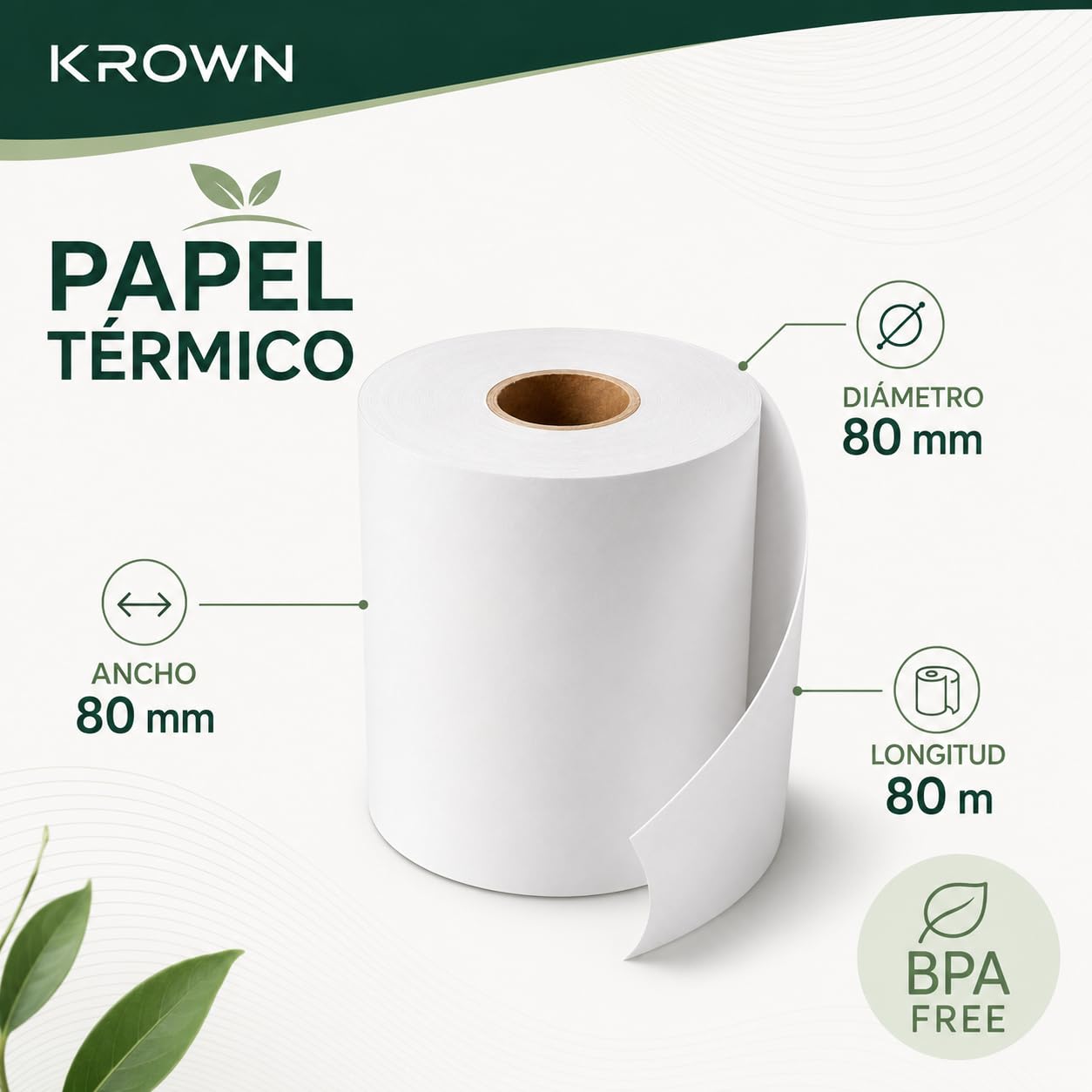 KROWN Rollo de Papel Térmico 80 x 80 x 12 mm Sin BPA – Papel para Tickets, Impresoras Térmicas, TPV, Cajas Registradoras, Básculas y Recibos (48)
