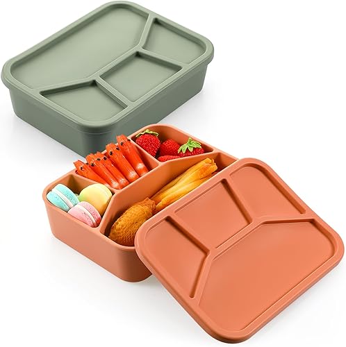 Lonchera Bento de silicona a prueba de fugas, con 4 compartimentos, contenedor de almuerzo reutilizable, caja Bento para niños y adultos,