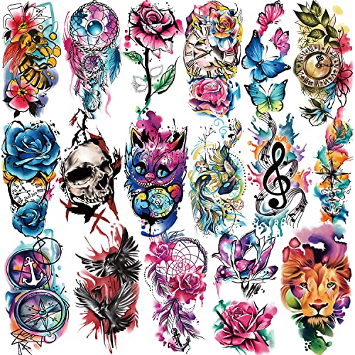 77 hojas de tatuaje temporal impermeable para hombres, mujeres y niños, estilo de pintura al óleo realista grande y pequeño tatuaje falso con reloj mariposa rosa peonía calavera ala diseño Cover