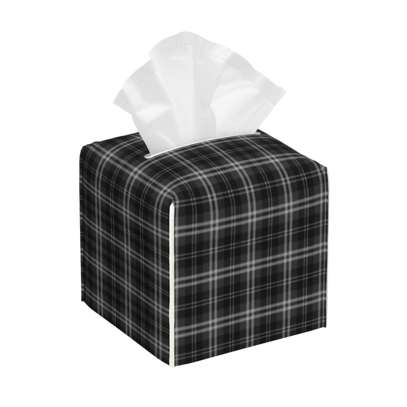 Tartan Check Pattern Tissue Box Cover 5" Square Leather Tissue Holder Facial Tissue Case for Tabletop Bedroom Bathroom Desk Decor