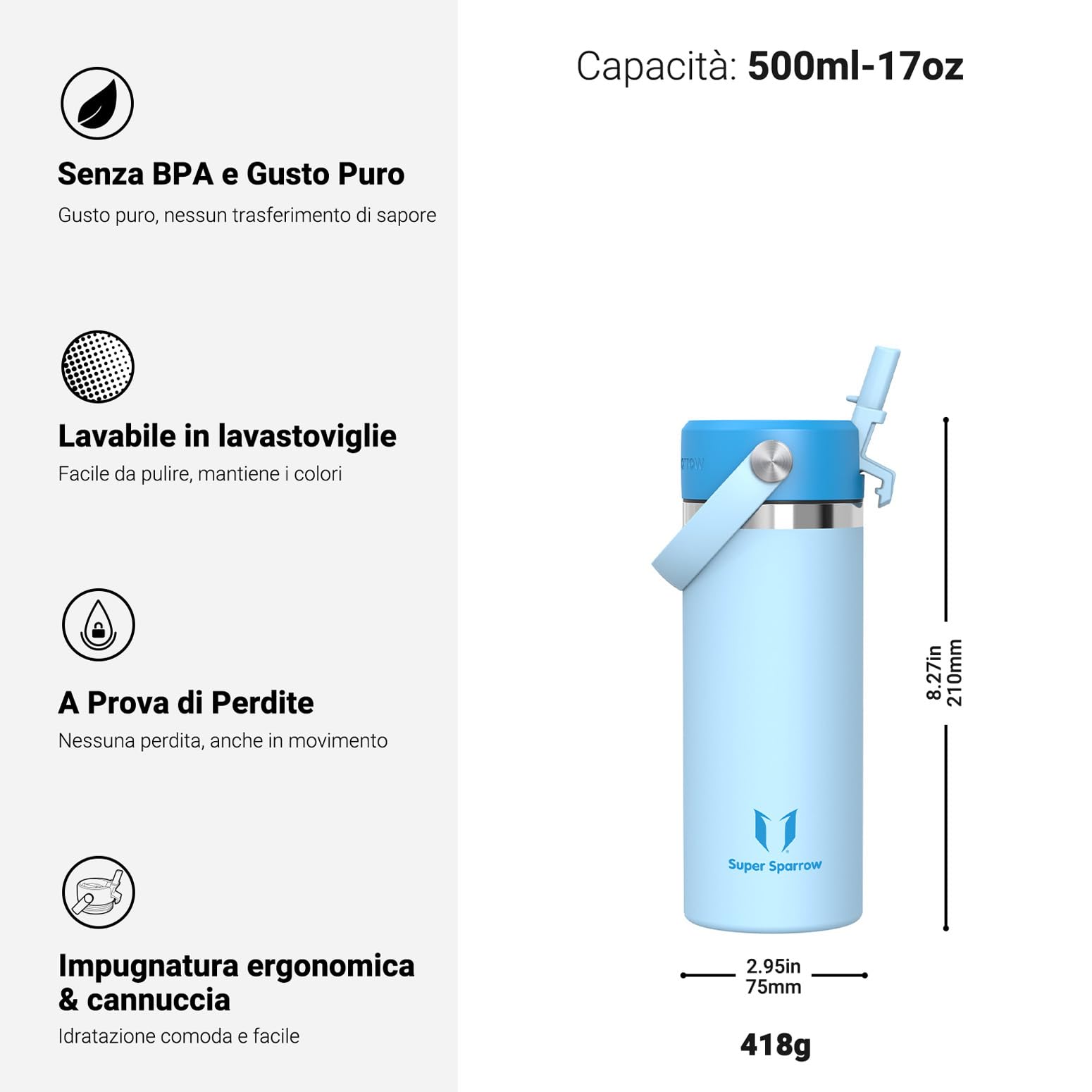 Sparrow Borraccia Termica - 500ml/750ml/1L/1.2L - SwivelSip Bottiglia Acciaio Inox - Senza BPA Borracce Termiche, Borraccia con Cannuccia Ergonomica per Scuola, Sportiva, Campeggio, Palestra