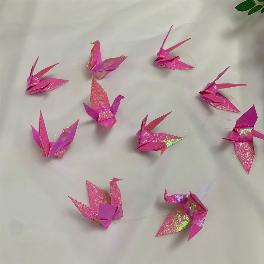 Large Twinkle Pink Origami Paper Crane Hanging Garlands (4.6ft X3strings) Premade Folded Handmade Origami Birds Streamers for Wedding Bridal Shower Baby Shower, Birthday Party Supplies