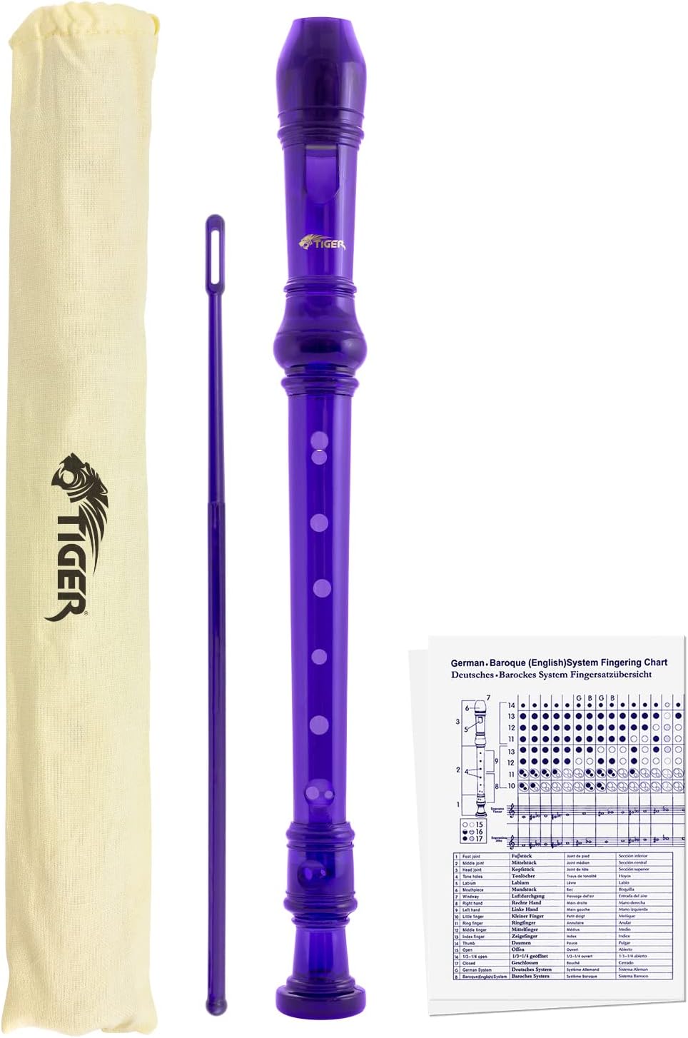 Tiger Descant Recorder with Carry Case & Cleaning Rod - Purple