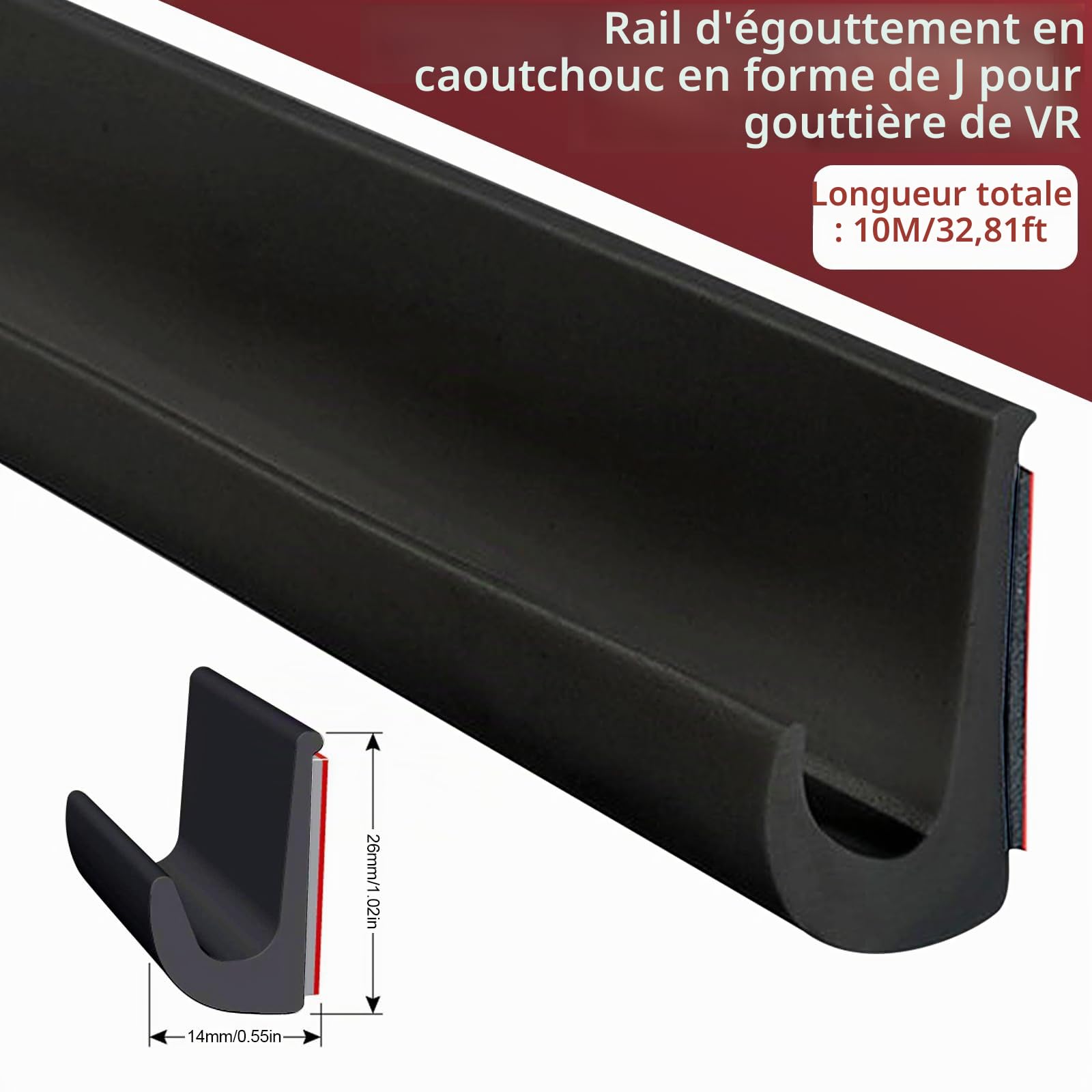 Goutte rv en J, 26 mm de hauteur Bande adhésive en J pour rv, gouttière en PVC, bande de pluie en PVC, bande de déviation de pluie pour toit pour camion, camping-car, bateau, fourgonnette