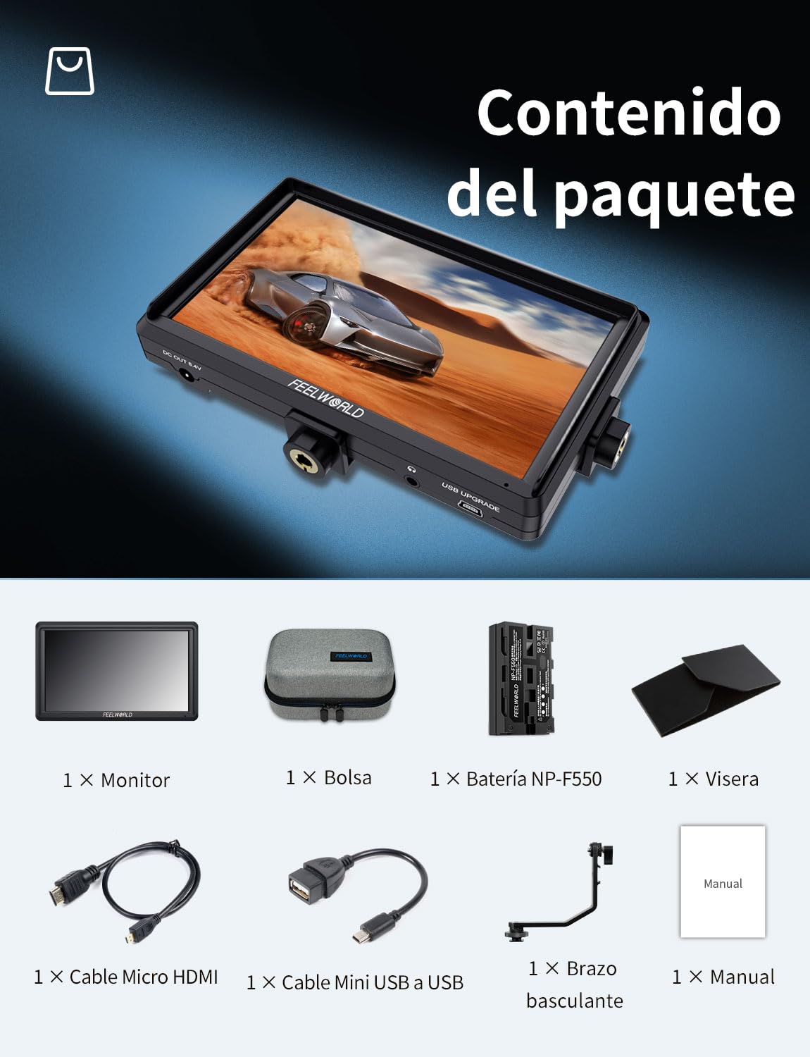 FEELWORLD S55E Monitor para cámara DSLR de 5,5 Pulgadas 3DLUT Full HD 1920x1152 IPS Forma de Onda con HDMI 4K60Hz Entrada/Salida de 8,4 V CC con Parasol batería de 2200 mAh y Funda de Transporte