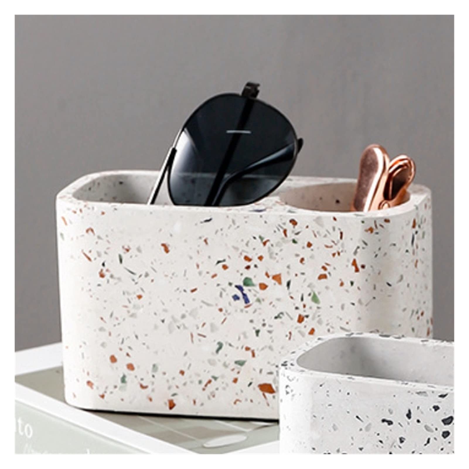 Porte Stylo Papeterie de Bureau Boîte de Rangement Terrazzo Deux-Trous Porte-Stylo Papeterie Box Student Stylo Support Maquillage Brosse Boîte de Rangement Porte-Crayon de Bureau