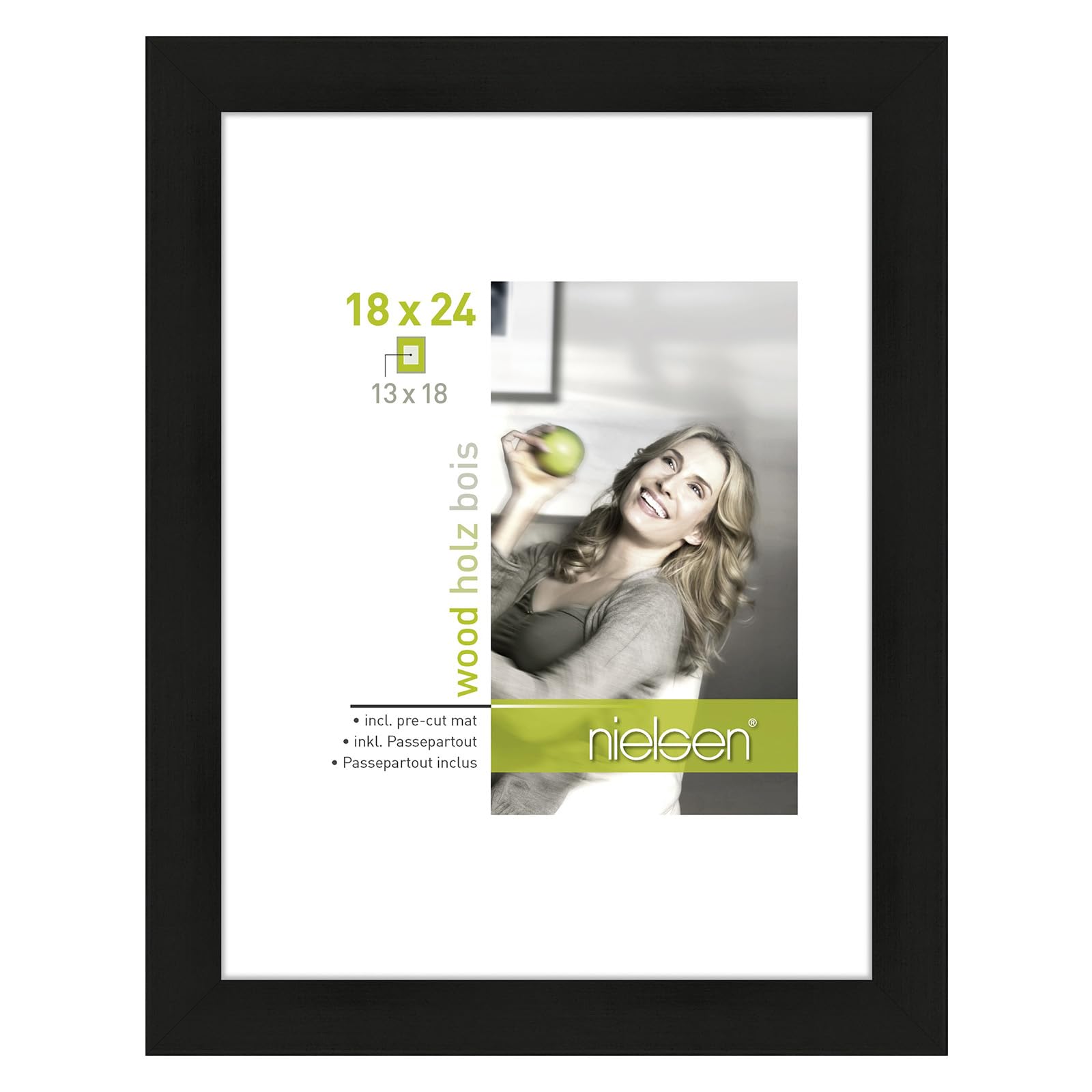 accent by nielsen Apollon Wooden Picture Frame - Black 18x24cm with White Mount for 5x7 Picture - Float Glass and Easy Push and Turn Clips
