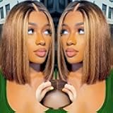 Highlight 4/27 Honey Blonde Wear and Go Glueless Bob Wig Human Hair 5x5 Hd Lace Closure Wigs 12 Inch 200 Density Straight Ombre Brown Bob Lace Front Wig No Glue Pre Plucked Baby Hair for Women