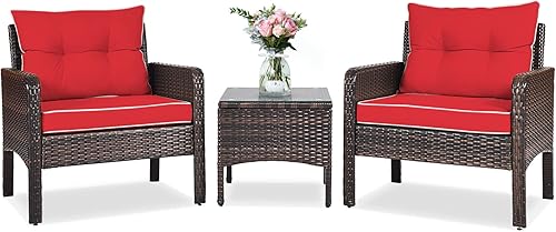 ORALNER Juego de 3 piezas para conversación de patio, sofá de mimbre para todo tipo de clima y mesa auxiliar con cojines gruesos, muebles de