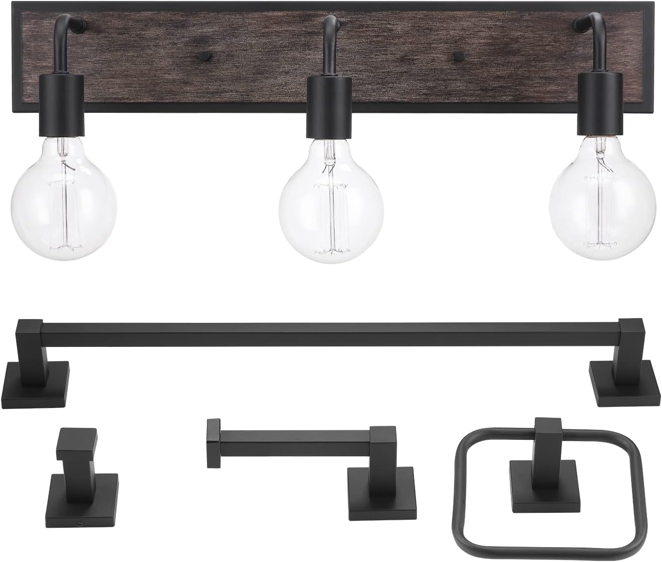 GLOBE Electric 51863 Auckland 5-Piece All-in-One Bathroom Set, Black, Faux Wood, 3-Light Vanity Light with Seeded Glass Shades, Towel Bar, Towel Ring, Robe Hook, Toilet Paper Holder