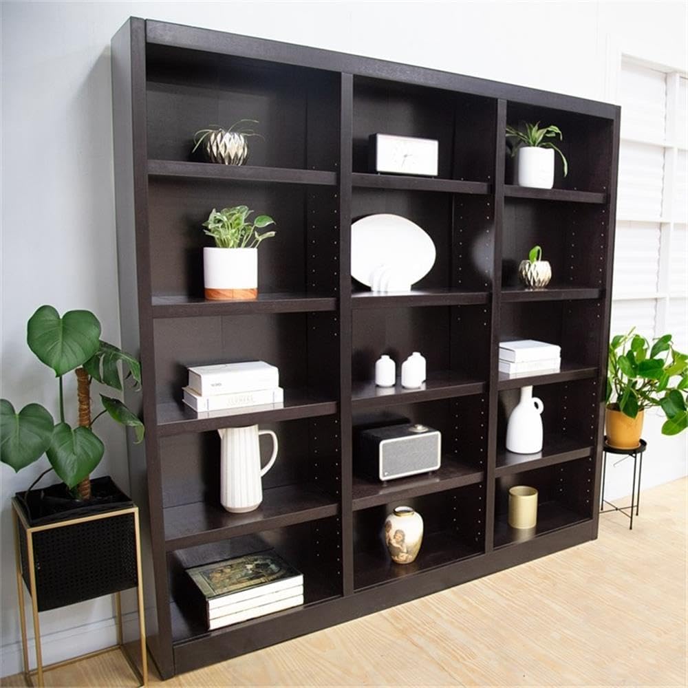 BOWERY HILL 72" Traditional Triple Wide Wood Bookshelf Bookcase with 12 Adjustable Shelves and 3 Fixed Shelves, Ready for Assembly, for Home/Office, in Chocolate Finish