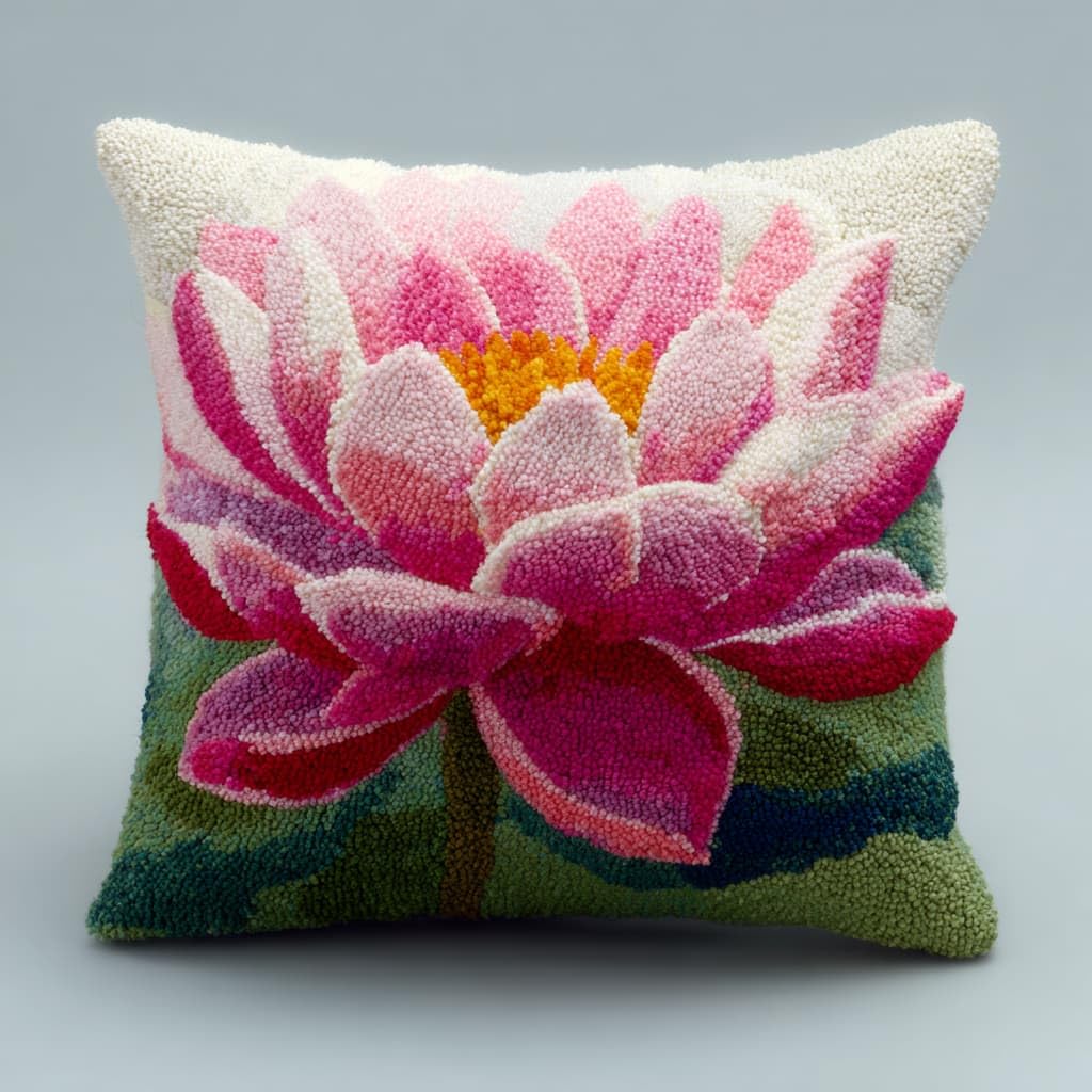 Taxpy DIY Latch Hooking Pillow Kits, Lotus Flowers Pillow Cover Preprinted Throw Pillow Needlework Crochet Yarns Latch Hook Cushion Making17x17inch