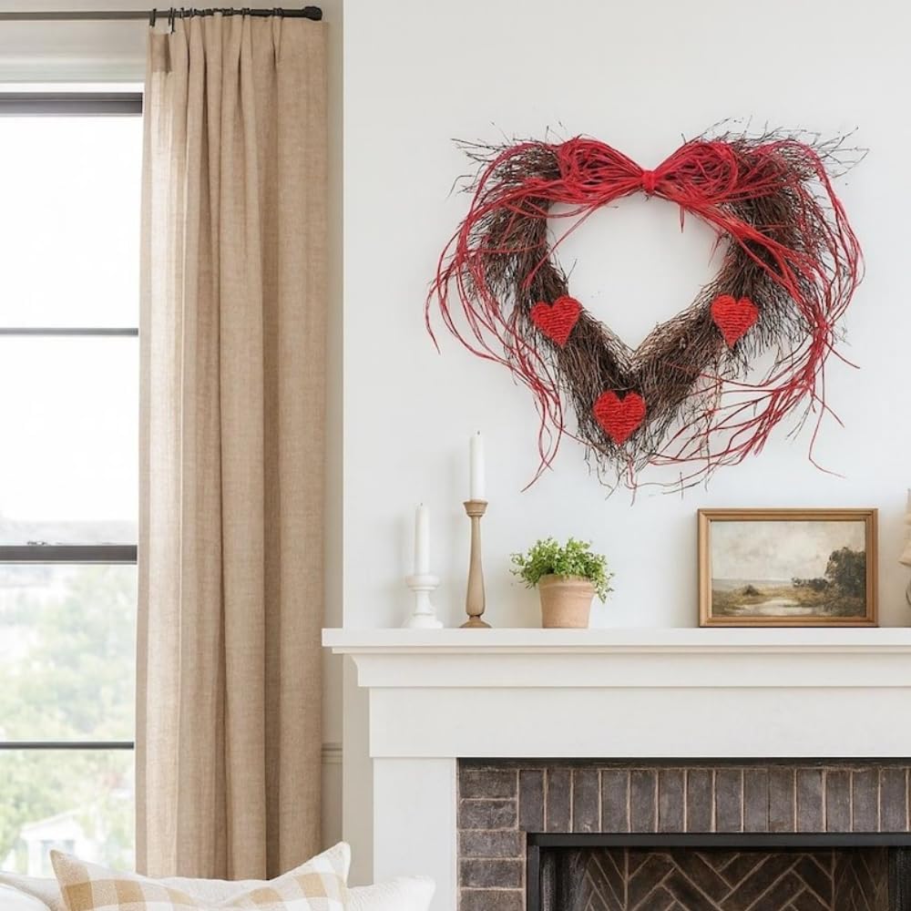 Natural Quail Brush Wreath with Red Raffia Bow, Handmade Red Willow Hearts Valentine's Day Gift, Long Lasting Indoor Outdoor Home Decor for Front Door