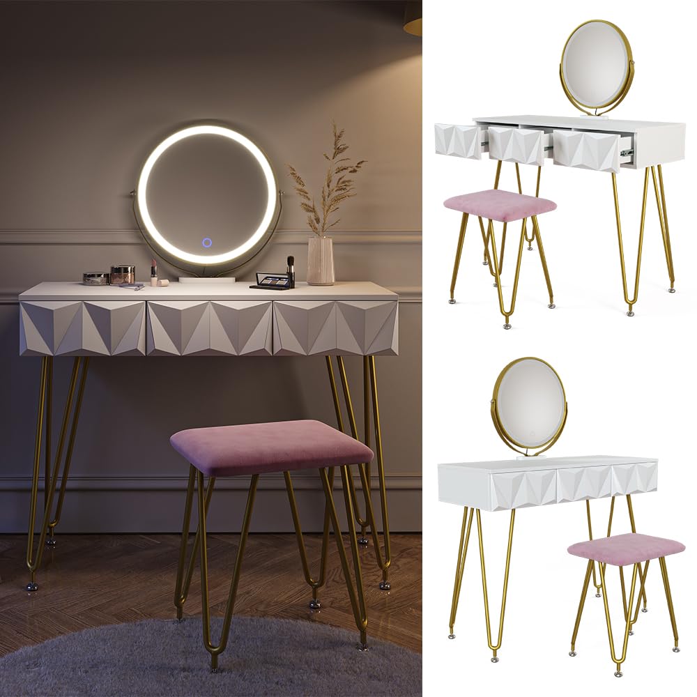 Vicco Tavolo da toeletta Ruby, Bianco, 100 cm | con illuminazione LED e sgabello, Spazio per trucco, prodotti per capelli e cura sempre a portata di mano