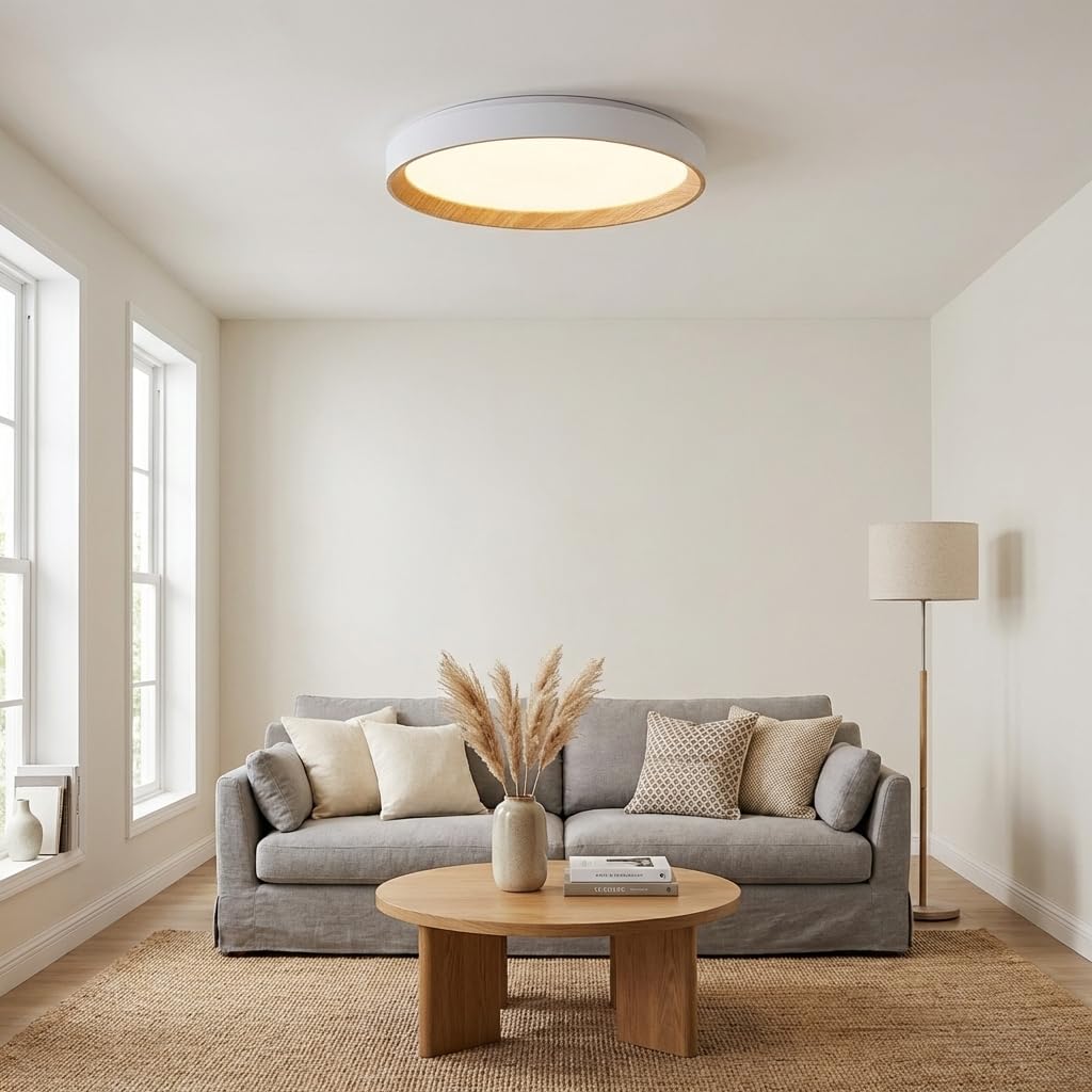 Alpinaluz plafon LED sufitowy Ø48 cm 40W z regulacją barwy światła CCT 3000K 4000K 6000K, biały akrylowy z efektem drewna, nowoczesny i elegancki design do salonu, sypialni i kuchni