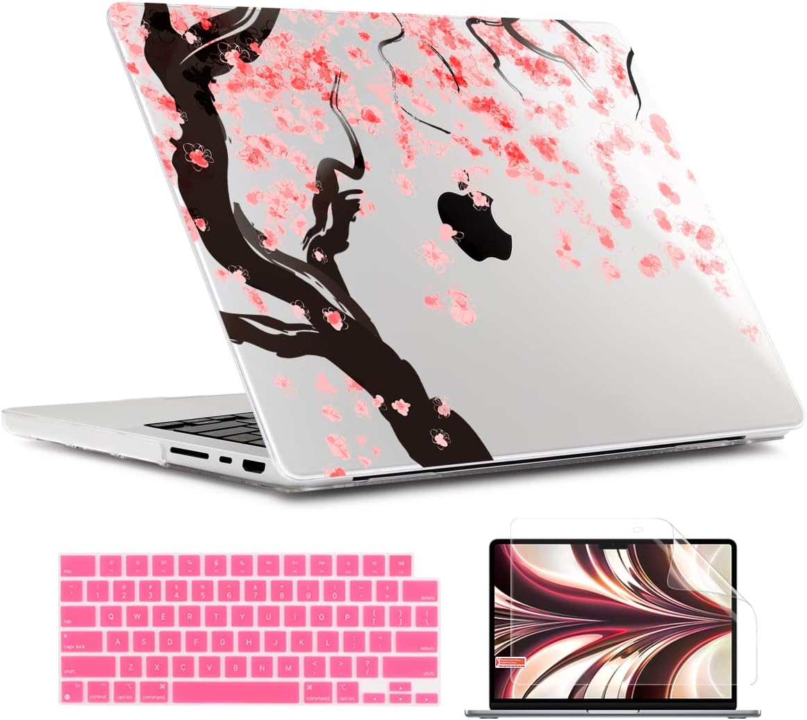 TWOLSKOO Compatible with MacBook Pro 14 inch Case 2023 2022 2021 Release M2 A2779 M1 A2442 Pro/Max Chip with Touch ID, Plastic Hard Shell Case & Keyboard Cover & Screen Protector, Cherry Blossoms