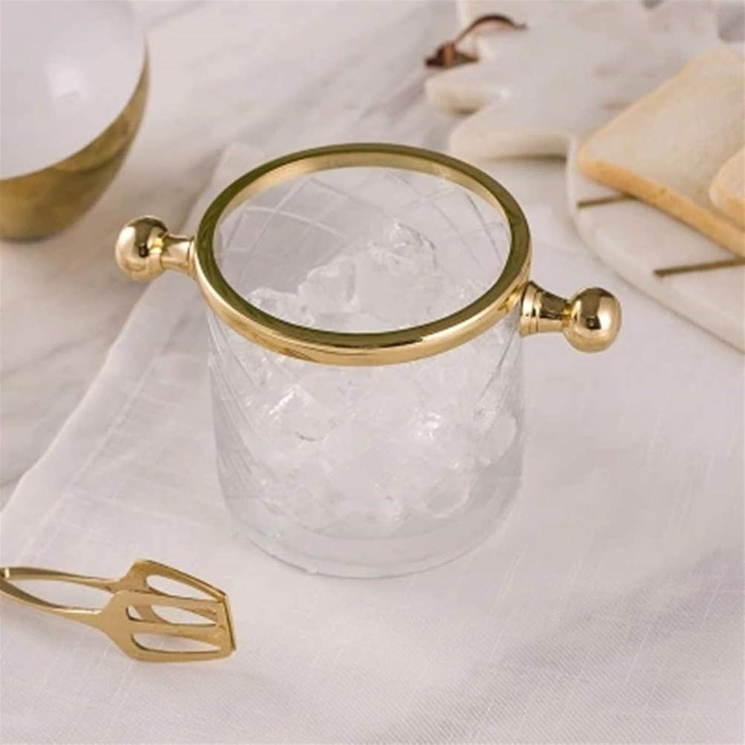 Glass Ice Bucket,Wine Cooler,with 2 Handles,Clear Ice Bucket with Stainless Steel Tongs Perfect for Your Home Bar