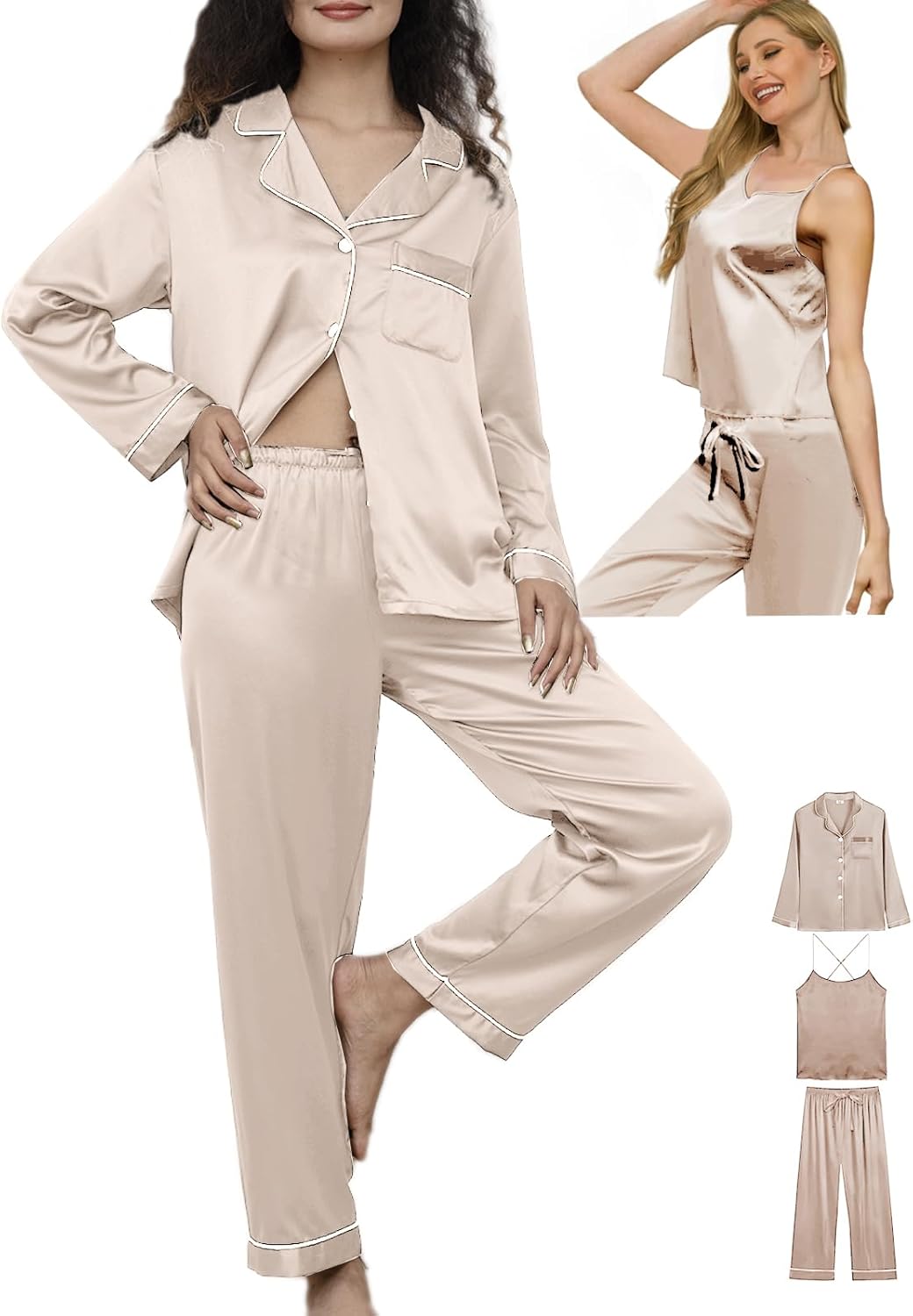 WJing Yi Jia Womens 3Pcs Silk Satin Pajamas Long Set Sexy Cami Top Pajama Sleepwear Silky Pj Sets Loungewear Pjs XS-4XL