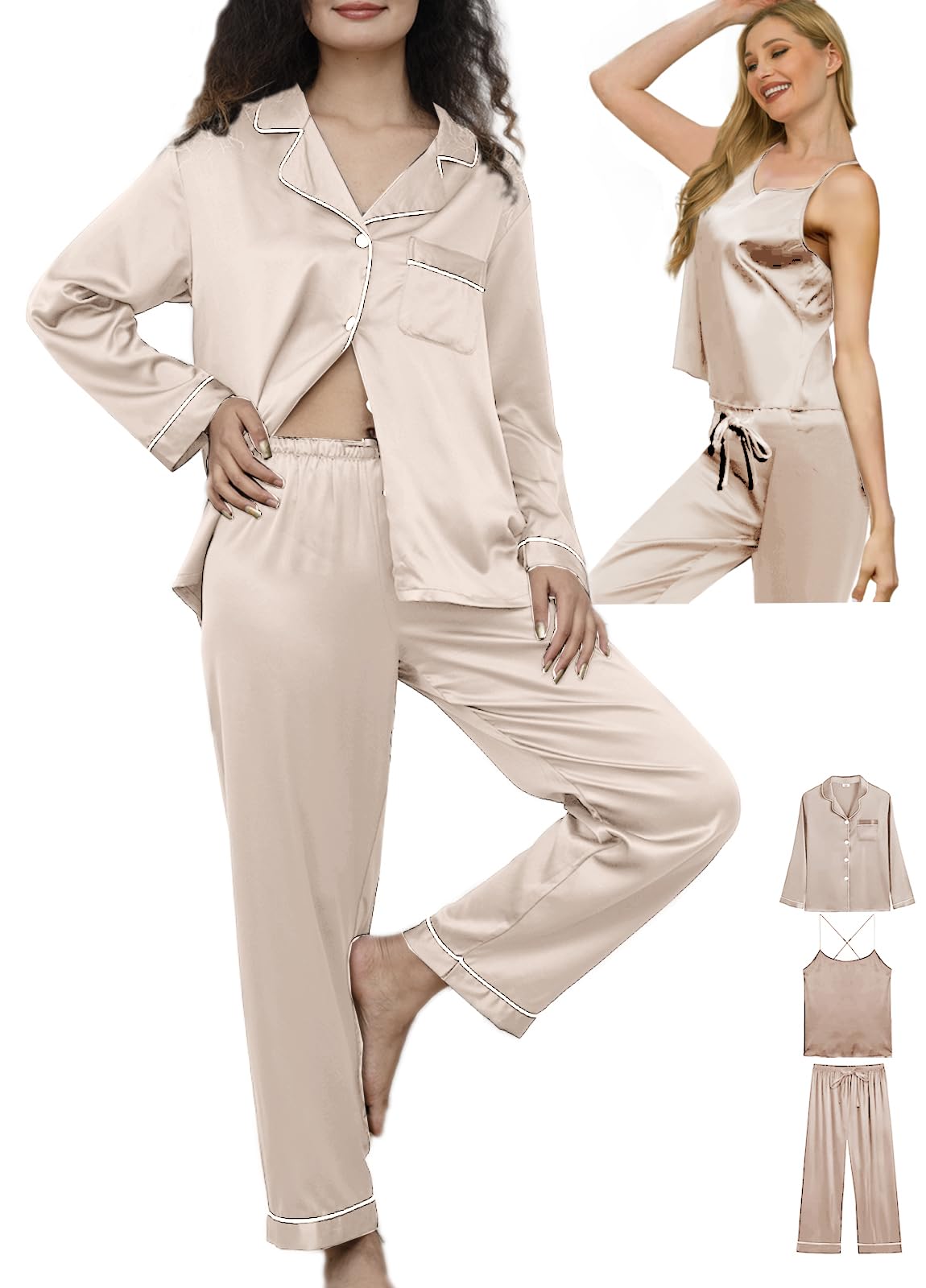 WJing Yi Jia Womens 3Pcs Silk Satin Pajamas Long Set Sexy Cami Top Pajama Sleepwear Silky Pj Sets Loungewear Pjs XS-4XL