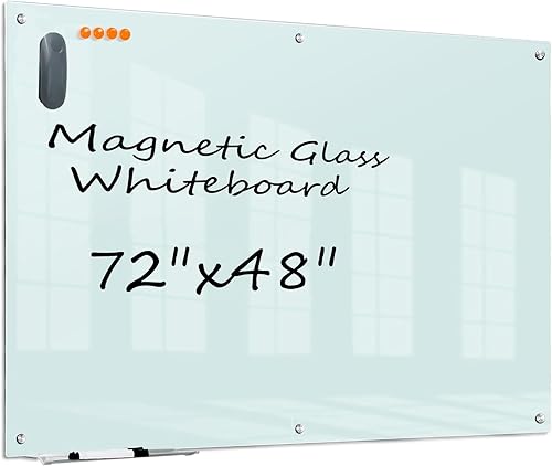 KIZZBY Pizarra blanca de cristal de borrado en seco, pizarras magnéticas para pared, 72 x 48 pulgadas, pizarra blanca grande sin marco para oficina,