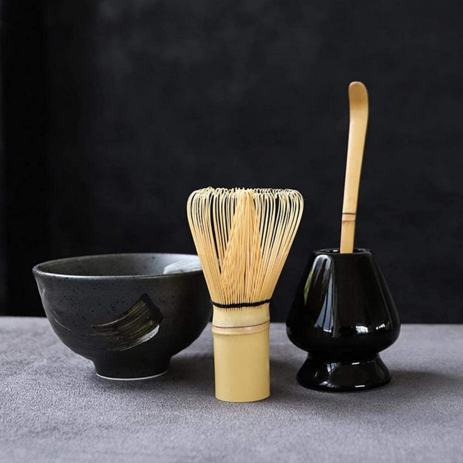 Matcha Bowl Japanese Matcha Tea Set Ceramic Matcha Sets Natural Bamboo Matcha Whisk Ceremic Matcha Bowl Holder Japanese Tea Sets,Black (Blue)