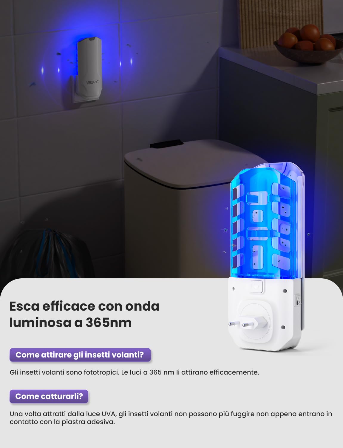 YISSVIC Trappola per Mosche della Frutta per Interni con Lampada UV, Confezione da 1 Trappola e 5 Adesivi, Ideale per Cucina, Vicino a Piante e Frutta