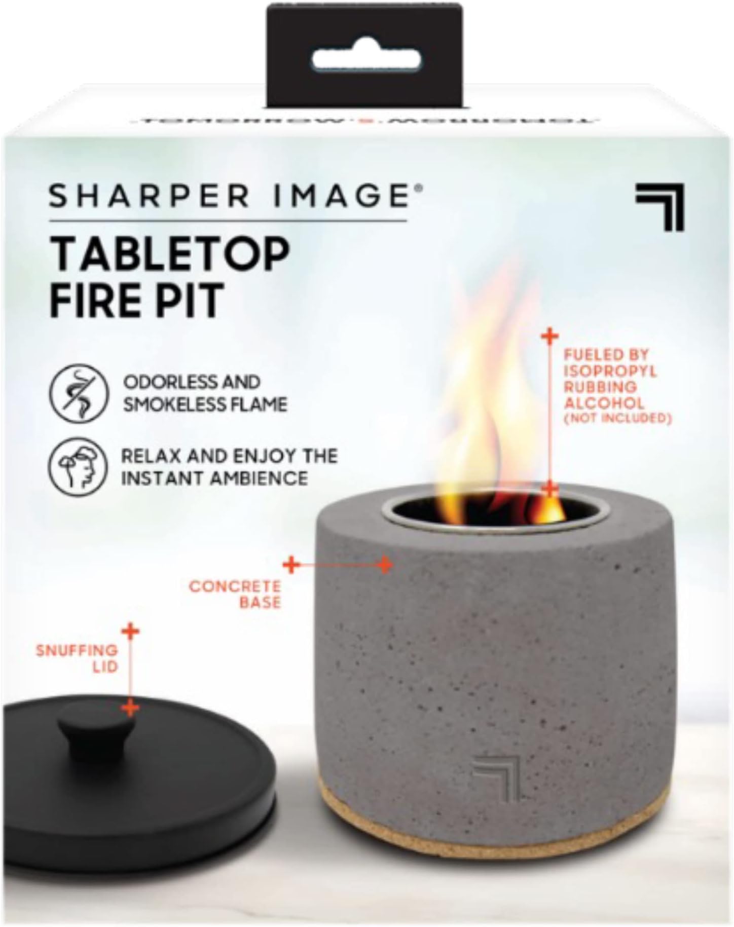 Tabletop Fire Pit by Sharper Image- Portable, Concrete Mini Fireplace for Outdoor Use, Odorless & Smokeless Flame, Fueled by Isopropyl Rubbing Alcohol