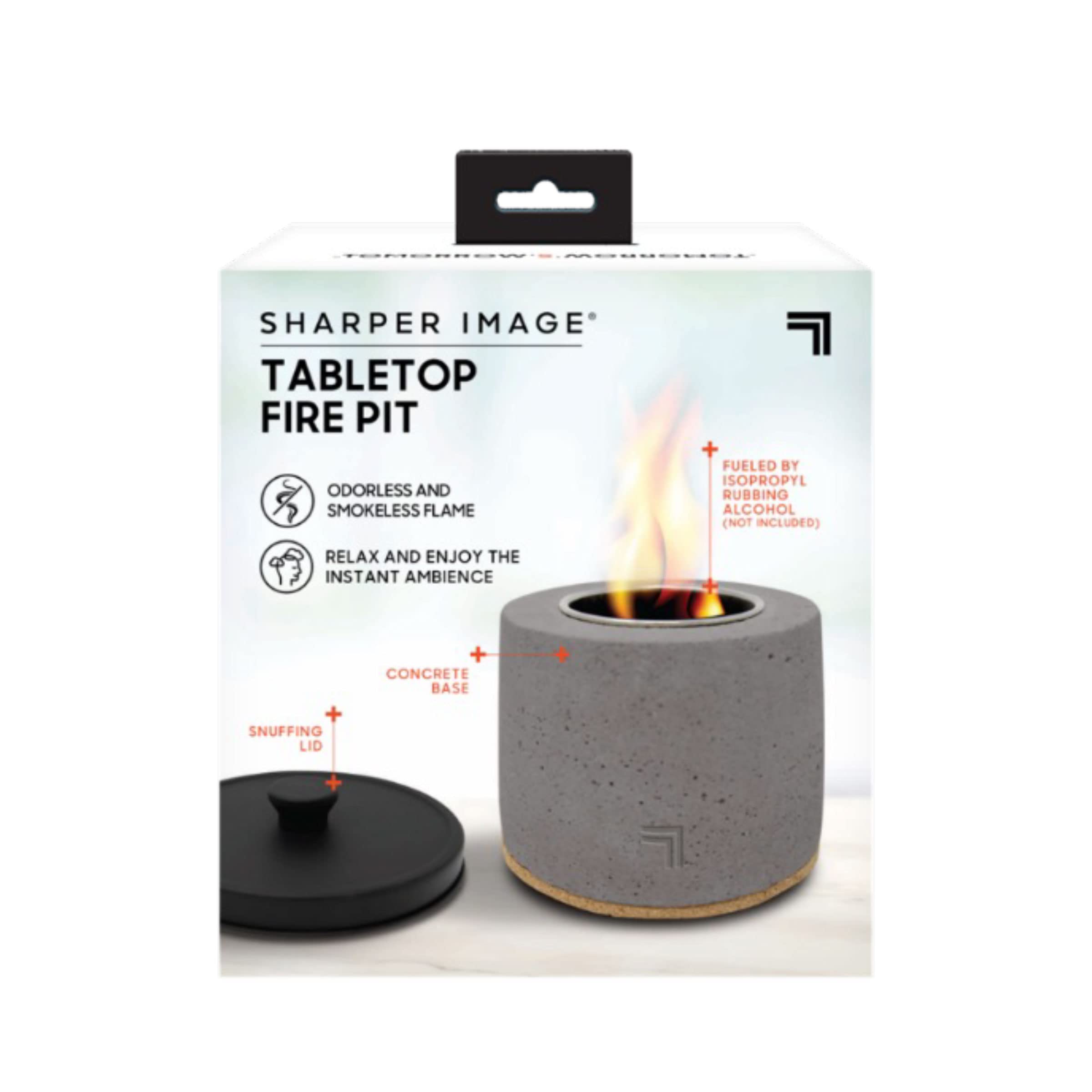 Tabletop Fire Pit by Sharper Image- Portable, Concrete Mini Fireplace for Outdoor Use, Odorless & Smokeless Flame, Fueled by Isopropyl Rubbing Alcohol