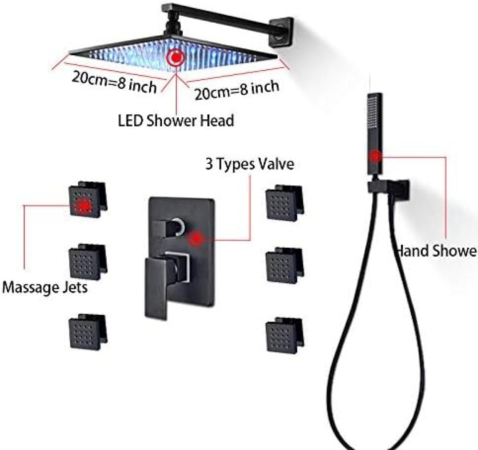 Juego de Grifo de Ducha de baño con LED de latón Negro, Mezclador de Agua fría y Caliente con chorros de Masaje para el hogar, grifos de baño de 10 y 8 Pulgadas para el hogar.
