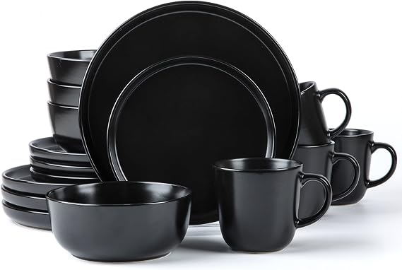 ARORA SKUGGA Round Stoneware 16pc Dinnerware Set of 4, Dinner Plates, Side Plates, Cereal Bowls, Mugs - Matte Black (472979)
