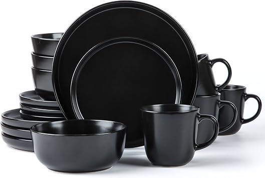 ARORA SKUGGA Round Stoneware 16pc Dinnerware Set of 4, Dinner Plates, Side Plates, Cereal Bowls, Mugs - Matte Black (472979)