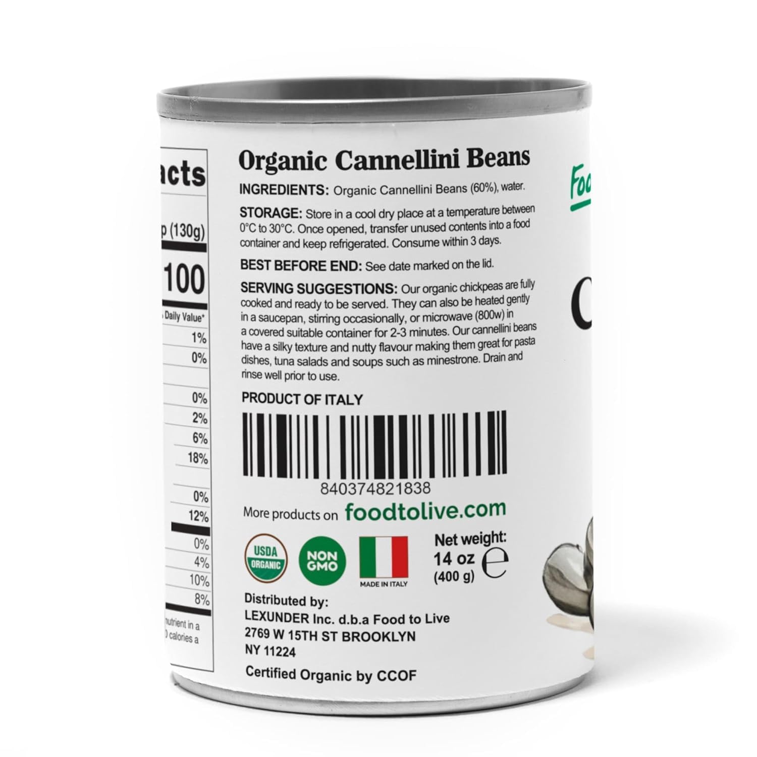 Food to Live Organic Italian Canned Cannellini Beans, 14 oz (Pack of 4) - Unsalted Non-GMO White Kidney Beans. Good Source of Fiber and Protein