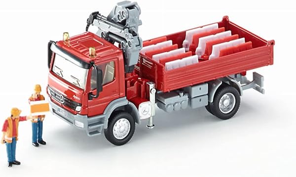 siku 3534, Camion con superficie di carico e gru, Metallo e Plastica, Rosso, Con 2 figurine e 12 blocchi di deviazione del traffico - 3