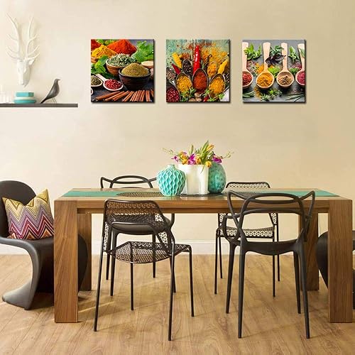 Miniatura 2 de Biuteawal Juego de 3 piezas de especias y cuchara, pintura artística para pared, cocina, decoración de pared, hierbas, alimentos, impresión en