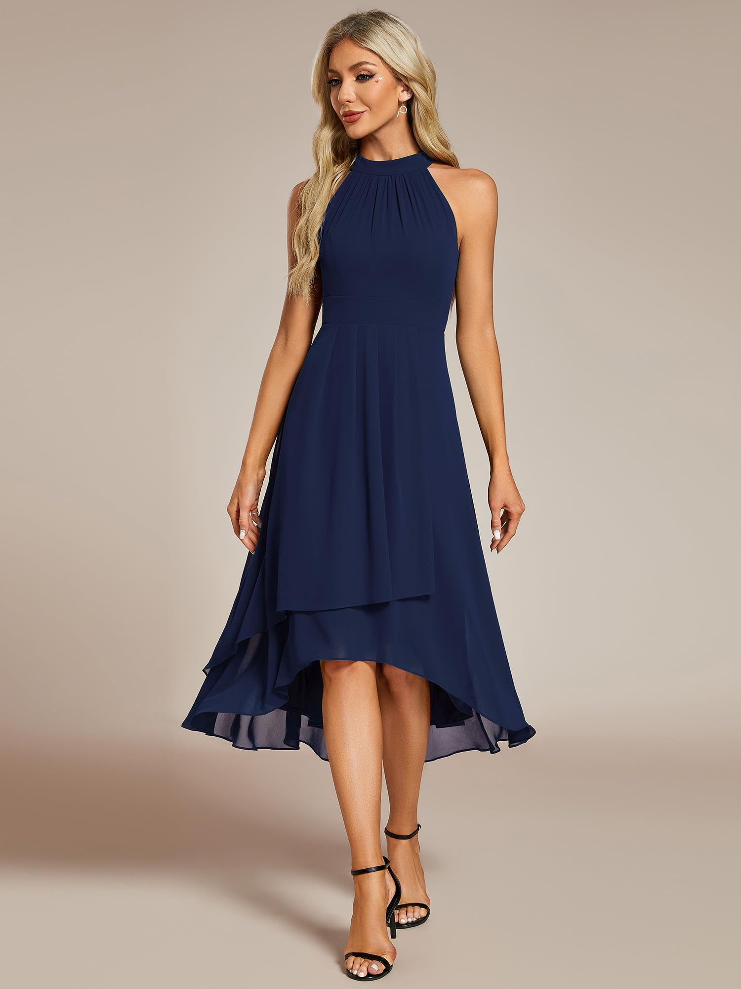 Ever-Pretty Abito Cerimonia Donna Spalle Scoperte Pieghe High Low Senza Maniche Chiffon al Ginocchio Abito da Ospite Orlo Irregolare Comodo Blu Navy 44
