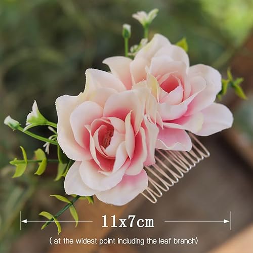 Miniatura 3 de Peine de flor rosa rosa con pieza de pelo de boda de primavera para novias, niñas de flores y damas de honor, plata