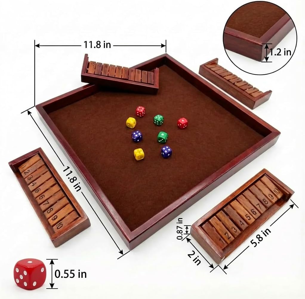 MoodLife Modular Shut The Box Game (Expandable to 8+ Player) - Large 11.8" Wooden Board with 4 Detachable Trays | Math Dice Game for Family Party, Classroom - Classic Tabletop Gift for Kids & Adults