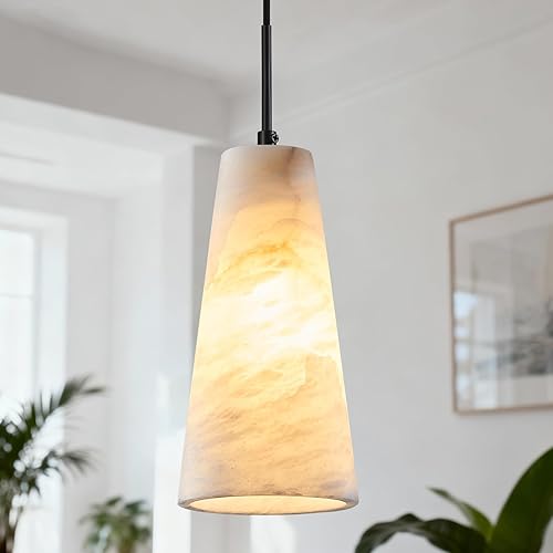 Miniatura 9 de Luces colgantes de alabastro natural, isla de cocina, pantalla cónica de mármol blanco, modernas lámparas de techo negras para dormitorio, comedor,