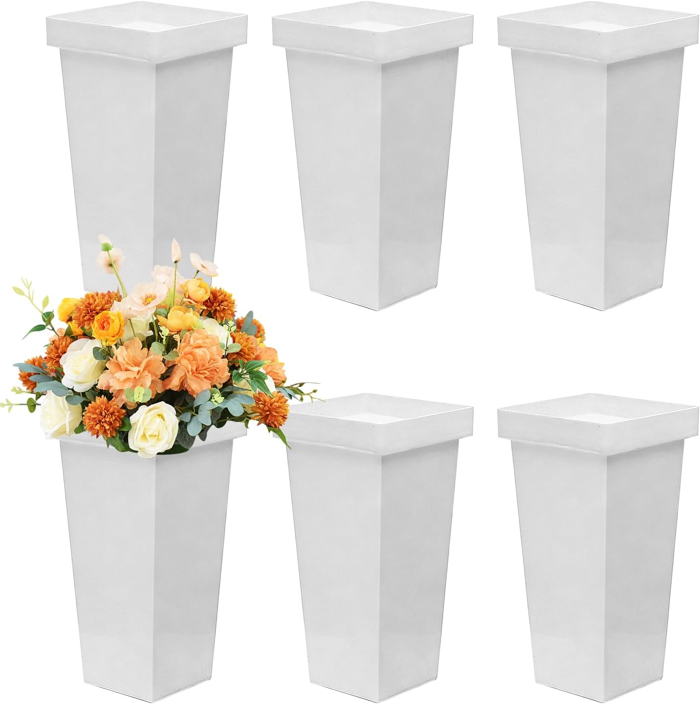 6 Pack Flower Buckets 13.4 Inch Plastic Flower Vases for Cut Flowers Modern Square Vases for Centerpieces Floral Display Decorative Plastic Vases for Table Home Wedding Decorations (White)