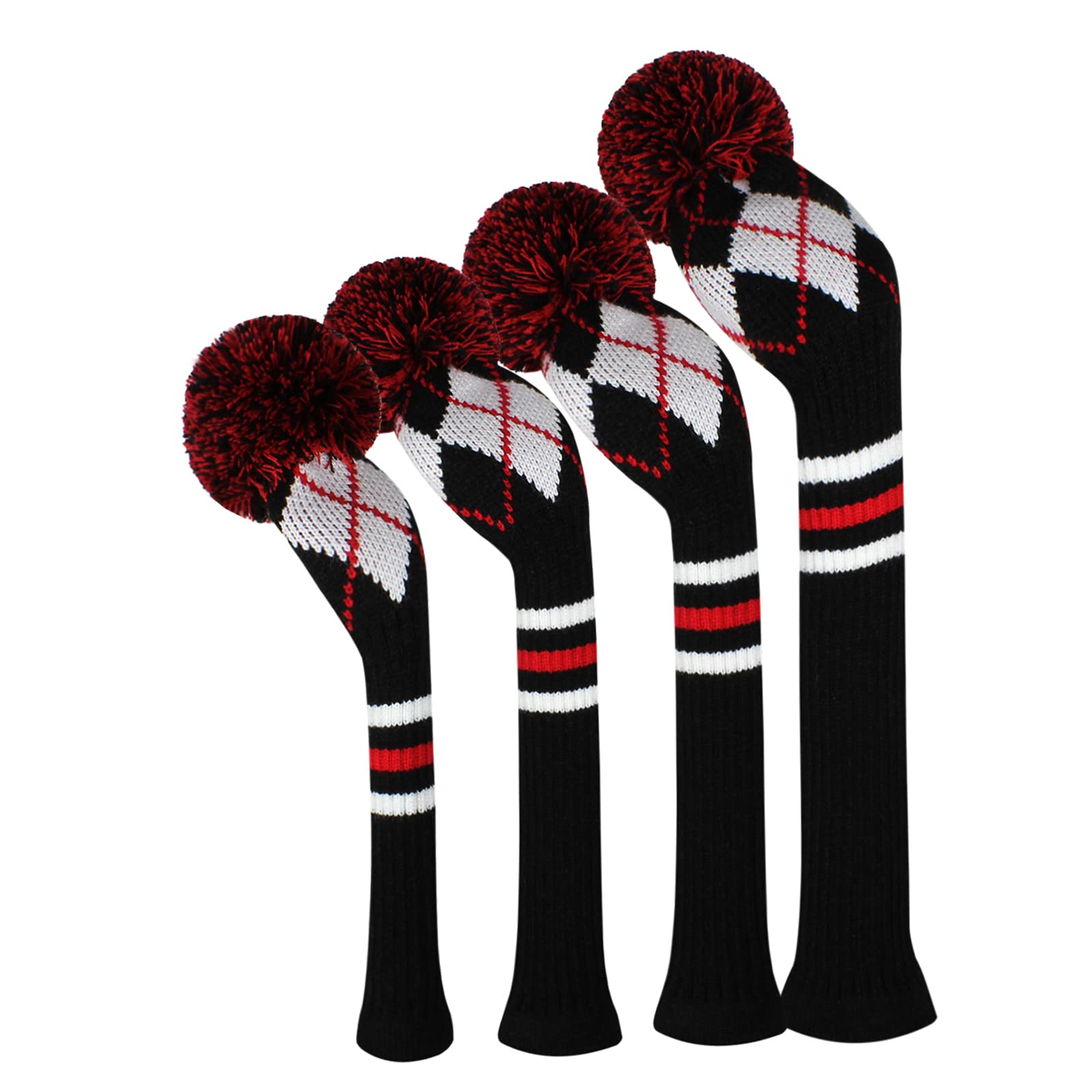 Scott Edward Knitted Golf Head Covers 4PCS Handmade Fit Well for Driver and Fairway Woods with Long Neck Pom Pom Golf Club Headcovers Set (Black White Red Argyle)