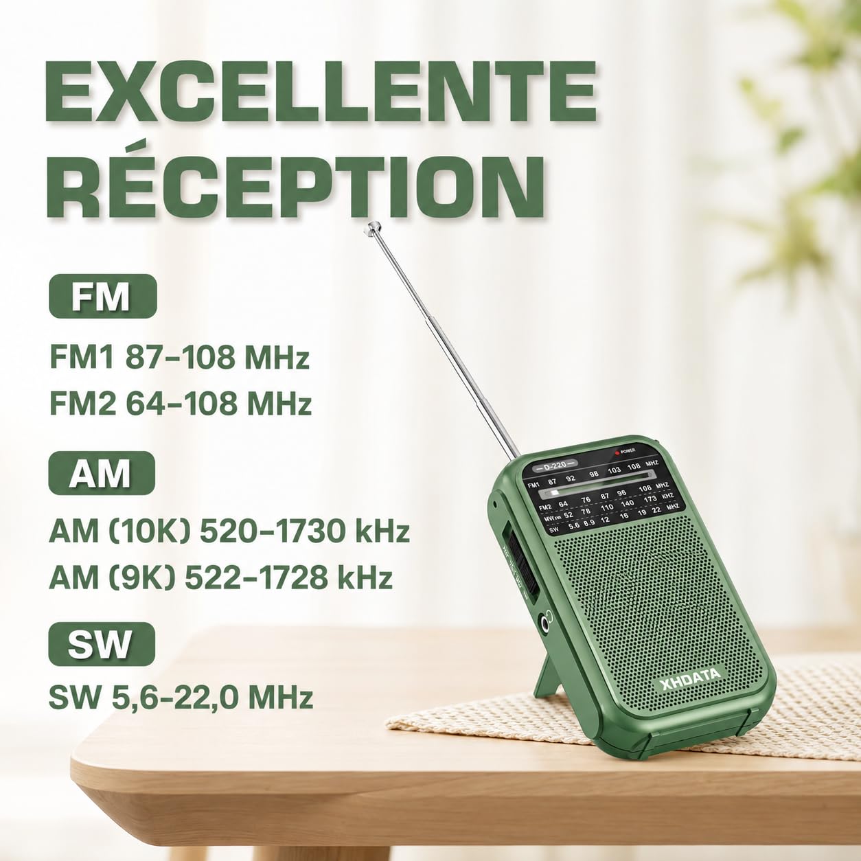 XHDATA D220 Radio Portable FM/AM/SW, Mini Radio à Piles Survie (AA) avec Réception Haute Performance, TransistorRadio pour Cadeau, Famille, Séniors(Vert)